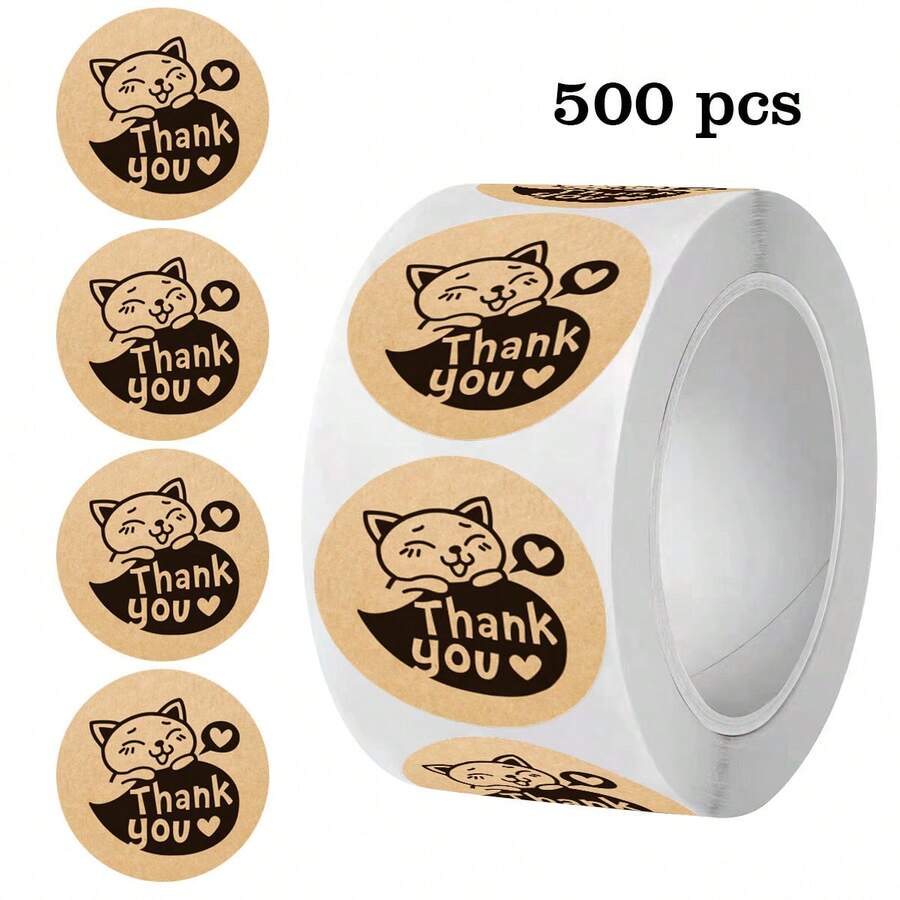 500PCS/Roll Cat Thank You Stickers, Cute Cat Thank You Labels, Handmade/Party Gift Box/Cake Sealing Stickers, 1 Inch Adhesive Labels Suitable For Convenience Store, Supermarket, Cake Shop, Bakery, Milk Tea Shop, Coffee Shop, Thank You For Your Order Stickers - Grateful - View 1