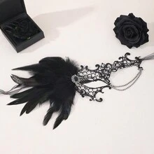 1pc Black Lace Masquerade Mask With Rhinestone Tassel, Gothic Venetian Eye Mask, Halloween Carnival Wedding Evening Party Women's Costume Accessory - Black - View 3