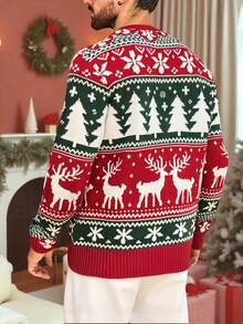 Christmas New Jacquard Vintage Reindeer Christmas Tree Snowflake Knit Crew Neck Sweater - Red - View 5