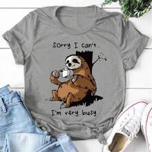 Sloth "Sorry, I'm Too Busy" Women's T-Shirt, Printed T-Shirt, Short Sleeves, Round Neck Cute Summer Graphi,Daily Outfit For Women,Perfect Gift For Her - QL7524A - White - View 2
