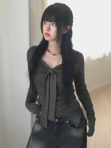 Spring/Autumn Casual Bowknot Long Sleeve T-Shirt - Grey - View 5