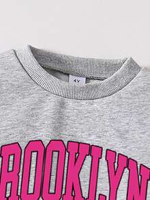 Tween Girl Letter Print Crew Neck Sweatshirt And Flare Pants Casual Set - Grey - View 3