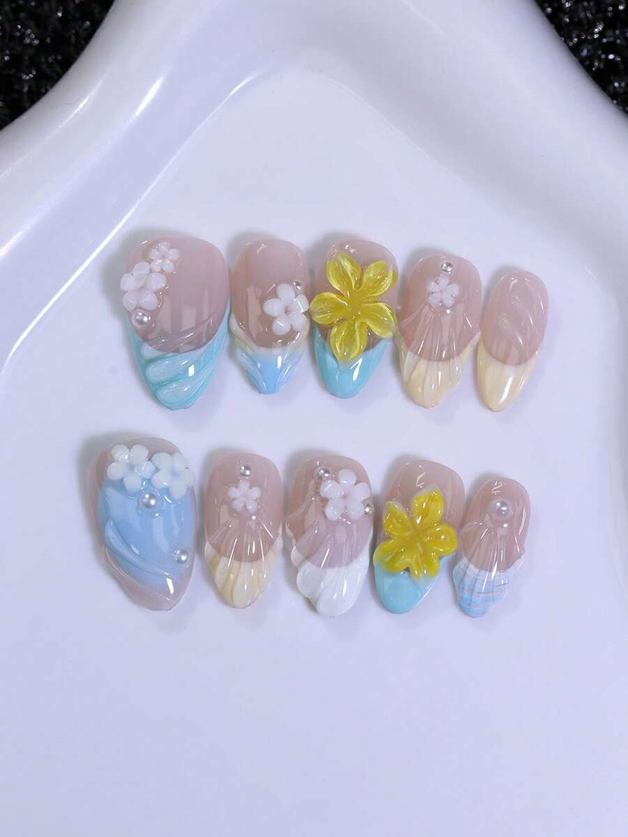 10pcs/Set Macaron Gradient Blue Almond Short Handmade Press On Nails 3D White Yellow Flower & Seashell Texture False Nail French Tips With Pearl Decor For Summer Party Daily Manicure - Baby Blue - View 1