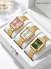 3pcs Fashion Women's Watches Classic Vintage Minimalist Square Dial Roman Numeral Markings Comfortable Alloy Band Elegant Women's Quartz Watch + 1pc Gift Ring Suitable For Daily Wear, Holiday Parties, Gatherings, Valentine's Day, Weddings, Anniversaries, Christmas And Other Occasions Or As The Best Holiday Gift For Family And Friends, Gift For Girlfriend - Multicolor - View 1