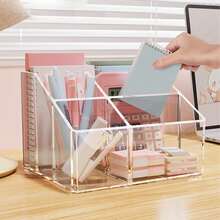 1-Compartment/3-Compartment/5-Compartment Transparent Pen Holder, Office Desk Organizer, Student Storage Box, Makeup Brush Holder, Cosmetic Accessories, Home Office Desk Storage Essential - Multicolor - View 4