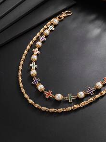 1pc Vintage Colorful Rhinestone Cross & Pearl Double Layer Pants Chain, Men's American Street Style Jeans Waist Chain - Cross Diamond Trouser Chain - View 6