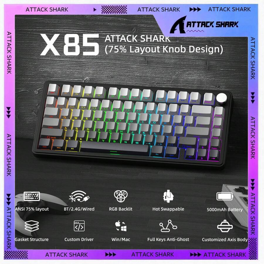 ATTACK SHARK X85 Wireless Mechanical Keyboard, TKL 82 Keys Bluetooth 5.0/2.4GHz/USB-C Hot Swappable Custom Keyboard, Gasket Structure, Knob, RGB Backlit Gaming Keyboard For Windows/ PC/ Linux/ Gamer - Moonlit Night/ BlackBerry/ Purple/ Star White