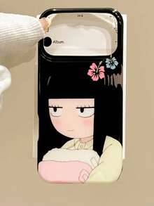 1pc Cute Long Straight Bangs Cartoon Girl Hibiscus Print Black Glossy Frame Transparent Soft Phone Case, Compatible With IPhone 17 Pro Max/16/15/14/13/12/11 Pro Plus/16E, Large Split Silver Lens Window Full Lens Protection Cover, Waterproof Shockproof Anti-Drop Anti-Scratch TPU Protective Shell - Hibiscus Black Swamp Sawako - View 5