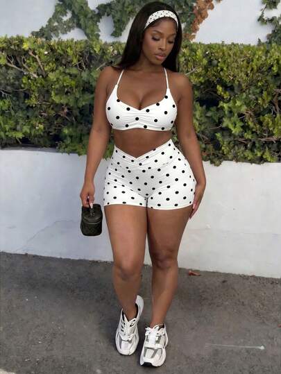 Women's Polka Dot Sports Bra & Shorts 2-Piece Set, Ruched Spaghetti Strap Cropped Cami Top, High Waist Slim Fit Bodycon Shorts, Personalized Fashionable Summer Outfit For Outings And Vacations, Flattering Body-Shaping Matching Set