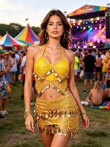 Women's Belly Dance & Style Costume (Bra + Waist Chain), Fringed Dance Top, Slit Skirt, Wrap-Around Skirt, Bohemian, Retro, Sari-Inspired Design,Hip Wrapped Skirt, Dance Skirt, Bohemian, Retro Style, Saree Sari Inspiration. - Multicolor - View 4