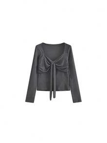 Spring/Autumn Casual Bowknot Long Sleeve T-Shirt - Grey - View 6