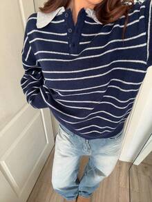 Hot Girl Retro College Striped Collared Button-Down Soft Knit Casual Sweater - Royal Blue - View 9