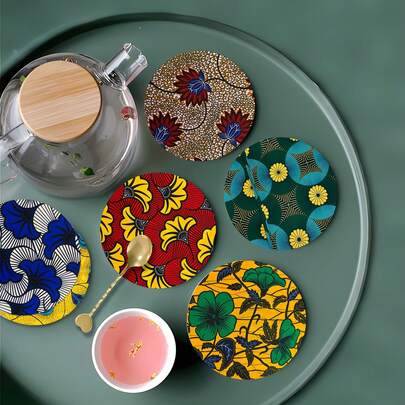 2D 6pcs/Set African Style Pattern Wooden Coasters, Wooden Material Set, Heat-Resistant Coffee Mats, Suitable For Bar, Home Party, Cafe, Office, Various Occasions, Home Decor, Home Gift.
