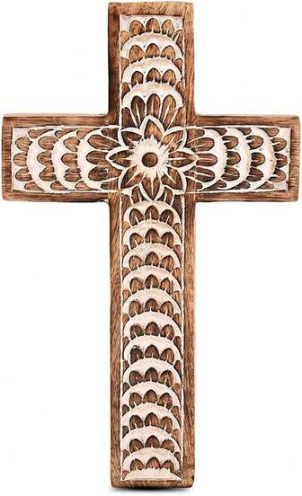 EDHAS Mango Wood White Cross Carved Floral-Design Family Cross Decor,Home Decoration (10" X 6" X 05")