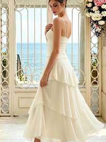 Women's Elegant Asymmetrical Ruffle Strap Dress, Versatile Design Suitable For Party, Beach, Vacation In Summer Wedding - Apricot - View 5