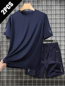 Herren Sommer Neu Dünn Marineblau 2 Stücke Lässig Sport Set, Rundhals Kurzarm T-Shirt + Lässig Sport Shorts, passende Blitz reflektierende Dekoration an Ärmeln und Shorts Beinen, Reißverschluss Tasche Diebstahlschutz - Königsblau - Übersicht 1