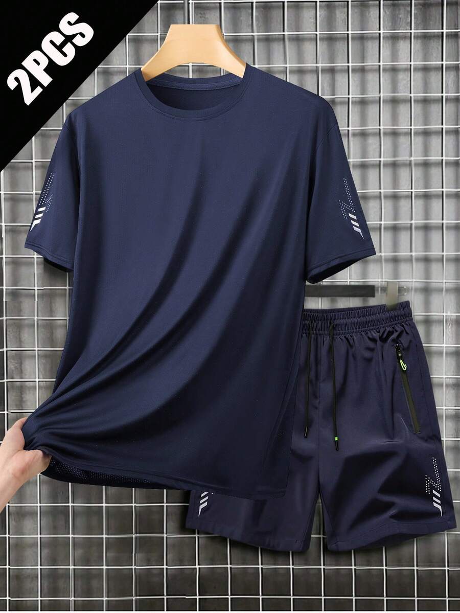 Herren Sommer Neu Dünn Marineblau 2 Stücke Lässig Sport Set, Rundhals Kurzarm T-Shirt + Lässig Sport Shorts, passende Blitz reflektierende Dekoration an Ärmeln und Shorts Beinen, Reißverschluss Tasche Diebstahlschutz - Königsblau - Übersicht 1