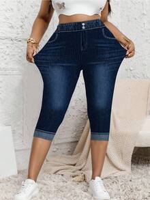 Celana Capri Slim Fit Motif Denim Ukuran Plus Wanita, Desain Ujung Bawah Berlipat Palsu, Legging Elastis Sedang, Ciptakan Tampilan Musim Gugur yang Modis untuk Liburan Musim Panas - Navy Blue - View 3