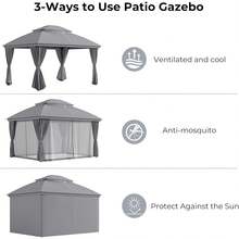Outdoor Gazebo 10'*13' For Patio, Metal Frame Canopy With Double Roofs, Heavy Duty Party Tent With Mosquito Netting And Curtains For Backyard, Garden, Lawn And Deck, Grey - Grey - View 5