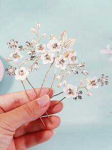 3pcs French Fairy White Flower Pearl Rhinestone U-Shaped Hair Pins, Bridal Wedding Updo Hair Accessories, Handmade Woven Alloy Hair Ornament Set - Gold - View 9