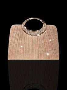 Luxury Rhinestone & Sequin Handbag, Elegant Pleated Women's Evening Clutch, Paired With 3-Piece Jewelry Set: Necklace, Earrings And Bracelet, Luxury Sparkling Crystal Women's Evening Clutch, Suitable For Various Parties, Romantic Weddings, Spring/Summer Chain Shoulder Bag, Bridal Handbag And Formal Celebration Occasions - Rose Gold - View 2