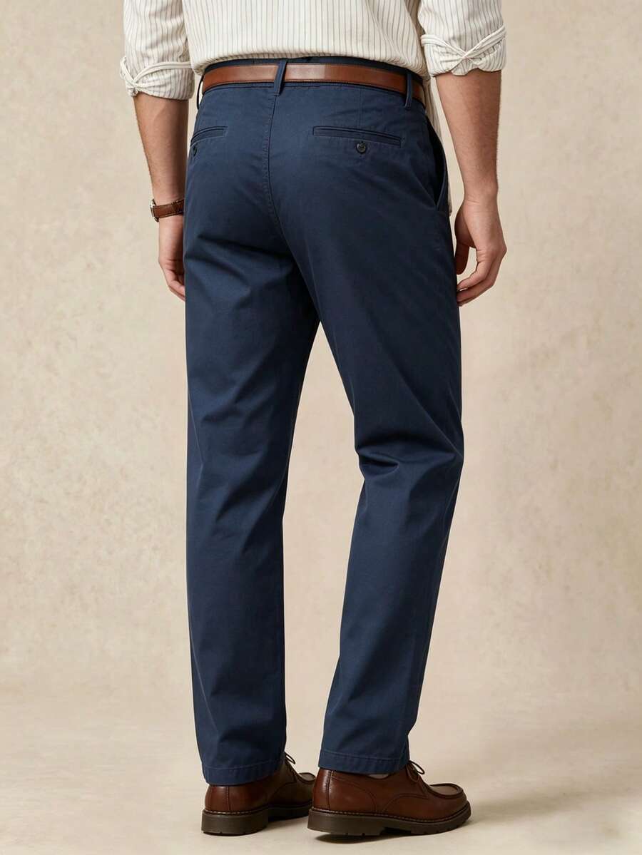 Premium 100% Cotton Navy Blue Straight Fit Men's Casual Trousers Breathable Comfort Non-Iron Classic Basic Work Pants For All Occasions - Blue - View 1