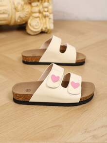 Girls' Double Hook & Loop Heart-Shaped Sandals, Soft Cork Arch Support, Non-Slip Flat Bottom Slippers, Summer Outdoor Casual Slides, Adjustable Strap Soft Sole Indoor/Outdoor Beach Flip-Flops - Apricot - View 6