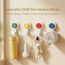 KOEMO 4 Hooks, Vacuum Suction Cup Hooks, Strong Traceless Hooks, No‑Drilling Design, Reusable And Detachable, Stable Load‑Bearing And Not Easy To Fall Off. Multifunctional Storage And Decorative Hooks, Suitable For Smooth Walls In Bathrooms And Bedrooms. - Yellow/Green/Red/Blue (4 Color Hooks) + Air Pump *1 - View 2