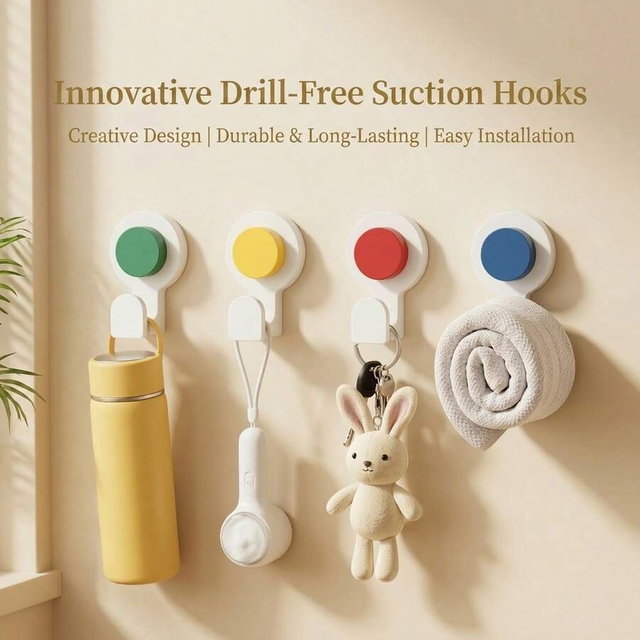KOEMO 4 Hooks, Vacuum Suction Cup Hooks, Strong Traceless Hooks, No‑Drilling Design, Reusable And Detachable, Stable Load‑Bearing And Not Easy To Fall Off. Multifunctional Storage And Decorative Hooks, Suitable For Smooth Walls In Bathrooms And Bedrooms.