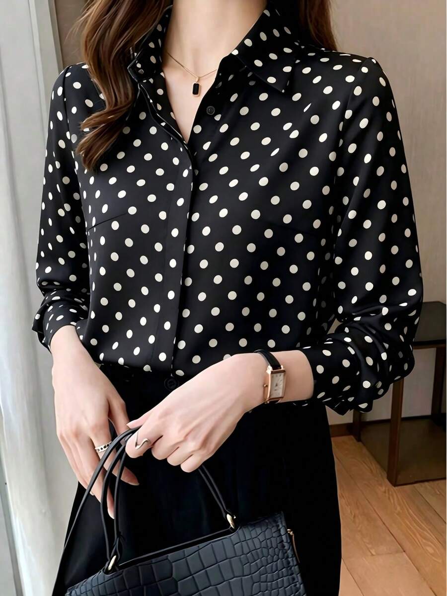 優雅設計波點圖案女式襯衫，適合成熟女性，港風