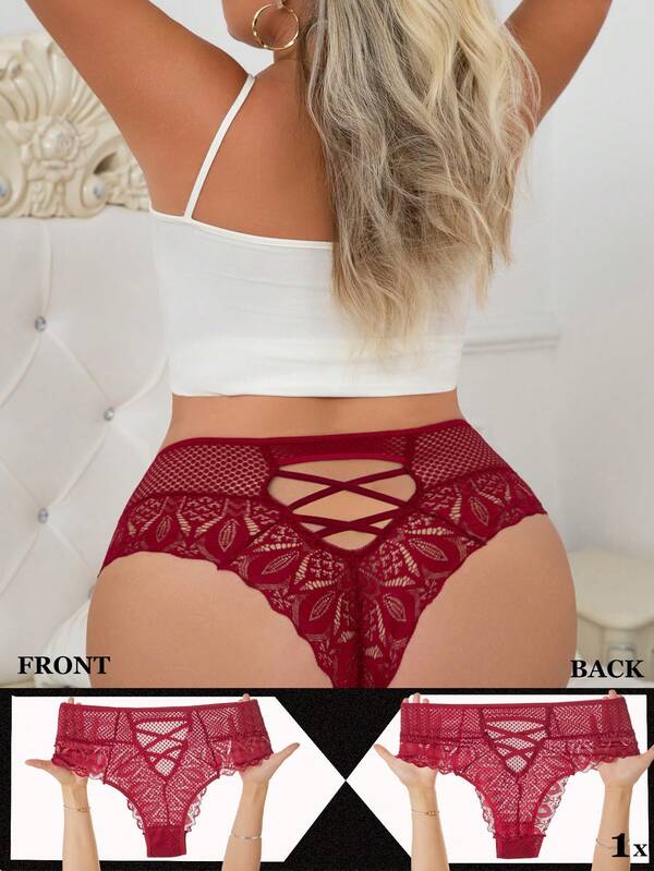 1 pièce Culotte triangle sexy transparente en dentelle rouge grande taille pour femme - Confortable et respirante