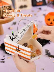 2 Peças Caixas de Lembrancinhas de Fatias de Bolo com Teia de Aranha Assustadora de Halloween, Caixas de Embalagem de Presente de Doces com Impressão de Vela de Morcego de Desenho Animado para Decoração de Lembrancinhas de Festa de Feriado (Caixas Reutilizáveis) - Multicolorido - Visão 6