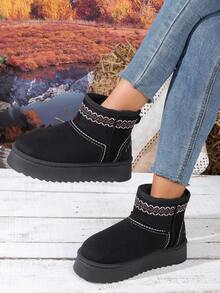 Women's Snow Boots, Anti-Slip Wear-Resistant Suede Embroidery Pattern Round Toe Short Shaft Thick Sole Snow Boots, Casual Bohemian Style, Autumn/Winter Camping Dating Home Outing Boots - Black - View 3