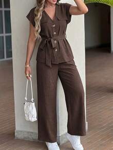 Lily House Women's Autumn/Summer 2-Piece Set, V-Neck Short Sleeve Tie-Front Blouse + High-Waisted Wide-Leg Pants, Elegant Casual, Suitable For Office And Back To School - Brown - View 5