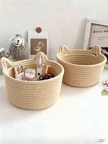 Cesta de almacenamiento de escritorio tejida a mano con orejas de gato en color caqui, cesta multifuncional de mano - Caqui - Ver 11