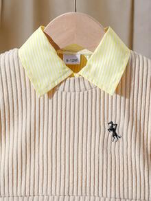 2pcs/Set Baby Girl Embroidered Vest & Striped Long Sleeve Shirt Dress, Casual Daily Wear, Versatile Outfit, Spring/Summer, Preppy Style - Mustard Yellow - View 2