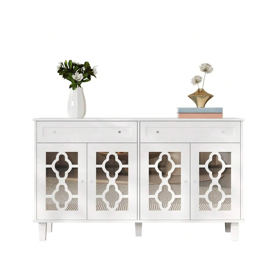 Sideboard With 4 Mirror Doors And Drawers - MDF White Cabinet - White - View 1
