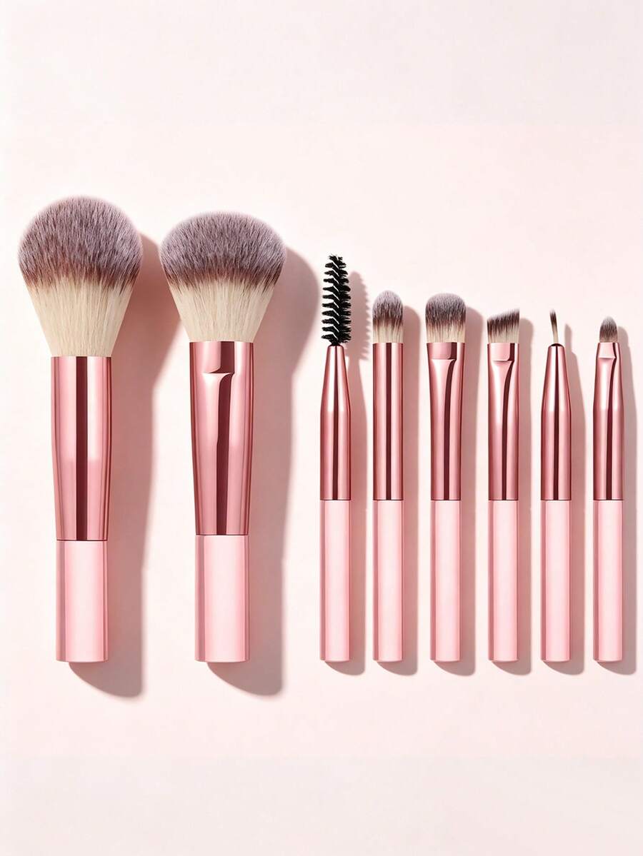 8 Peças Conjunto de Pincéis de Maquiagem Rosa Dourado, Cerdas Sintéticas Macias Premium, Pincéis de Maquiagem para Rosto & Olhos para Pó, Base, Blush, Sombra, Sobrancelha & Corretivo, Kit de Maquiagem Completo para Iniciantes - Multicolorido - Visão 1
