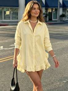 Women's Fashion Yellow Long Sleeve Shirt, Decorated With Ruffle Trim And Ruffle Hem, Woven Fabric, Cropped Design - Yellow - View 4