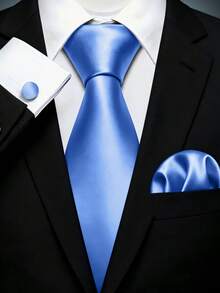 Solid Color Men's Tie Set, Men's Business Formal (8cm) Tie, Pocket Square, Cufflinks Set, Suitable For Business Workplace, Wedding Party - Dusty Blue - View 3
