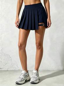 Yefecy Jupe de tennis pour femmes, taille haute élastique et confortable, jupe trapèze avec fente et contrôle du ventre, short intégré, jupe-short de sport d'été - Bleu marine - Voir 5
