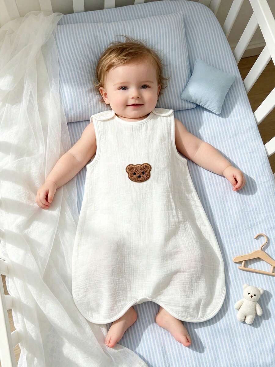 1pc Baby Gauze Sleeveless Sleeping Bag, Soft Skin-Friendly Breathable, Spring/Summer Thin Style, Cute Bear Head Embroidery Pattern, Ideal Gift For Baby! - Embroidered Bear Head Sleeping Bag - View 1