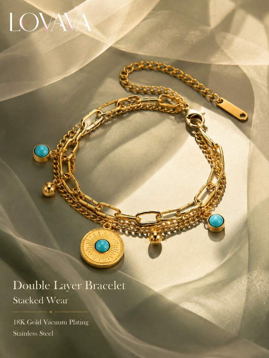18K Gold Vacuum Plated Stainless Steel Women's Double Layer Stacked ...