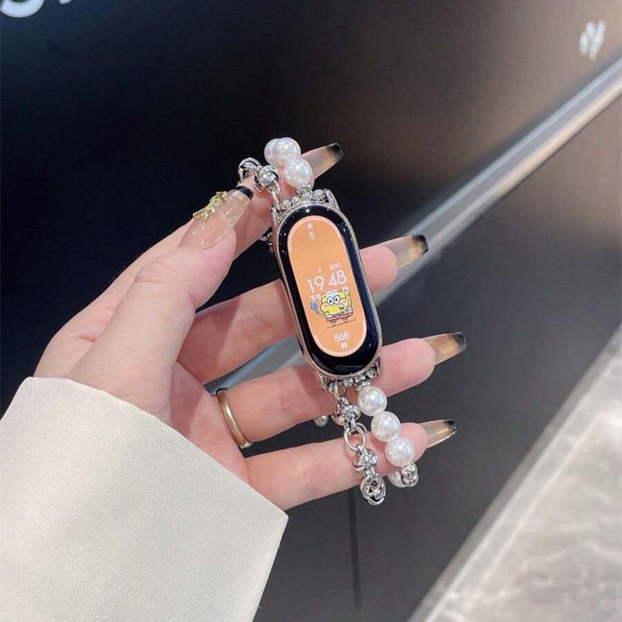 1 buah Tali Jam Tangan Rantai Mutiara Stainless Steel Mewah untuk Xiaomi 8/9/10, S11/S10, Desain Perak, Nyaman, Keren, Modis, Tahan Lama dan Praktis - Putih - View 1