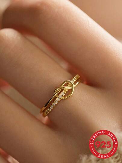 1 pieza Anillo de plata de ley S925 de doble capa con nudo concéntrico entrelazado delgado, joyería de mano de atmósfera romántica y de lujo, diseño minimalista y versátil para uso diario, citas y estilo nicho, regalo para amante o novia