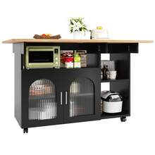 Modern Kitchen Island With Storage And Serving Cart - Black and Natural - View 6