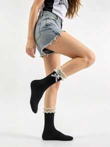 1 par de calcetines de media caña con encaje, lazo y jacquard, estilo dulce para niña, versátiles y holgados, para todas las estaciones, con borde de volantes - Multicolor - Ver 2