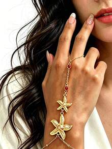1pc Fashionable Ocean Style Starfish Pearl Beaded Finger Chain, Suitable For Women's Daily, Vacation, Beach, Date Wear, Bracelet Size Is Based On The Actual Size, Not Based On The Beads - Red - View 12