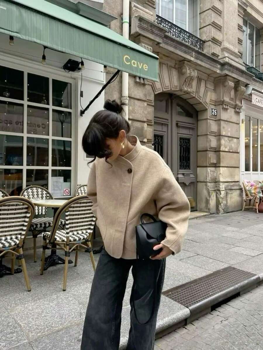 Women's Versatile Pocket Button Long Sleeve Coat For Daily Wear - Brown - View 1