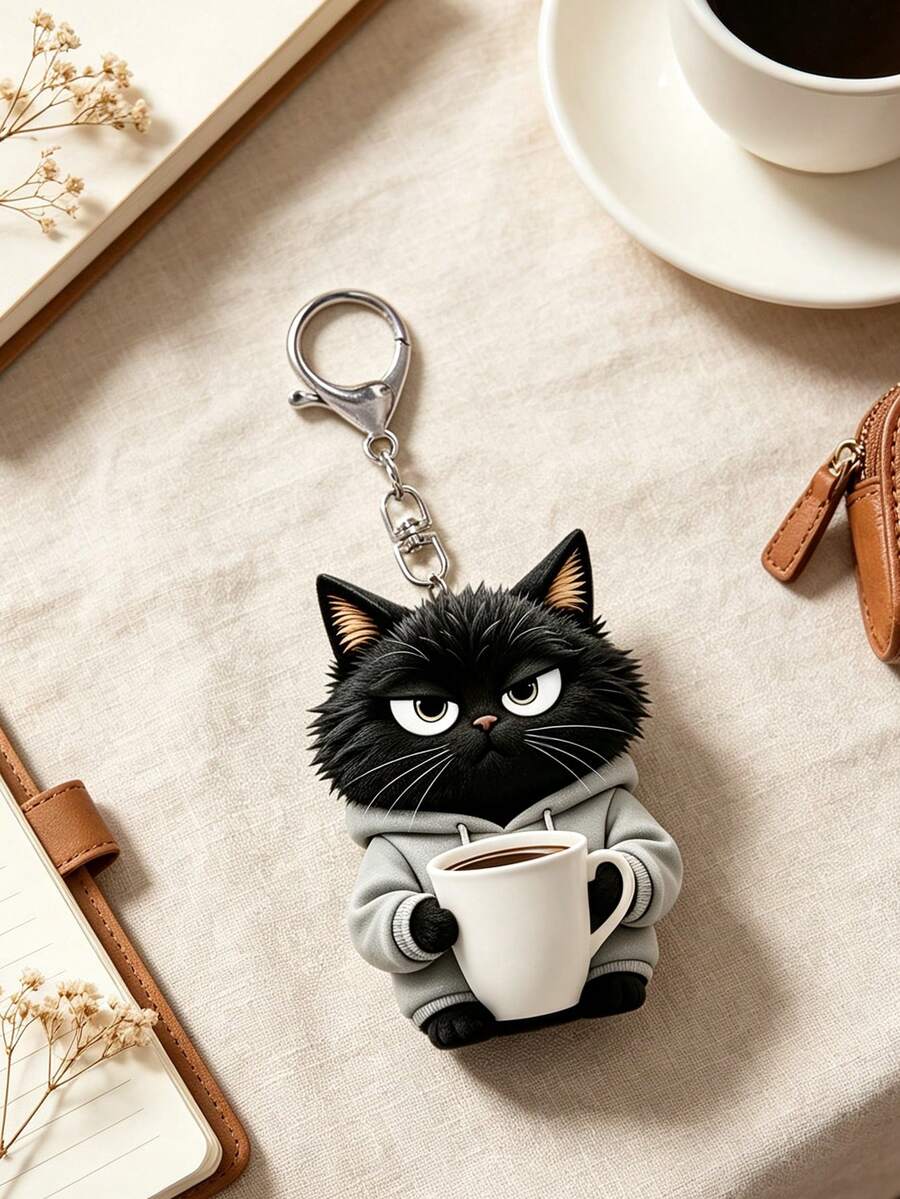 2D Flat Black Cat Holding Water Cup Pattern Keychain, Cute Pet Cat Keychain, Beautiful Fashionable Key Ring Wallet Handbag Decoration, Fashionable Cat Party Keychain, Novel Acrylic Design Key Ring Decoration, Durable And Lightweight, Suitable For Car Keychain, Phone Keychain, Backpack And Wallet Keychain Decoration - Can Be Used As Birthday Gift, Pet Lover Keychain Car Key Bag Pendant - One Size Fits All - View 1